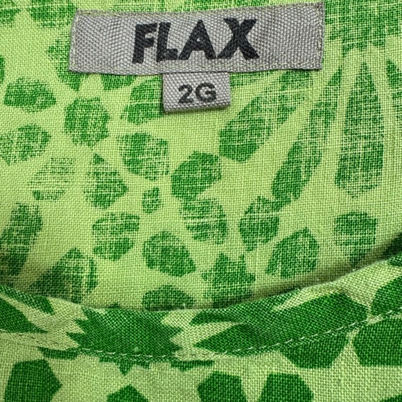 Flax Size 2G 100% Linen Stretched Top Midi Dress Green Mod Print Asymmetrical - Picture 4 of 9